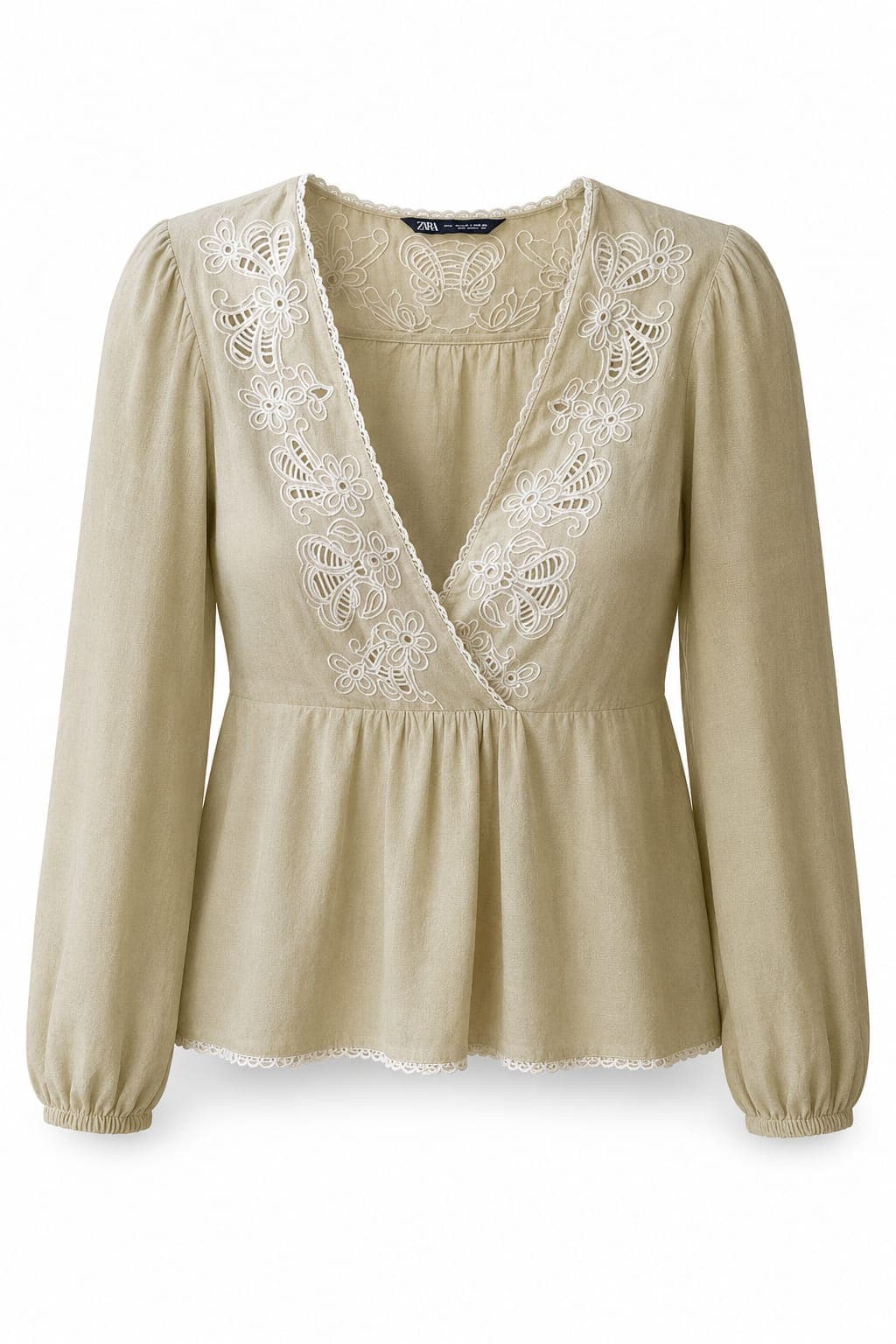 Blusa Zara Verde Oliva com Bordado Inglês e Renda - Tam. L | Manga Bufante