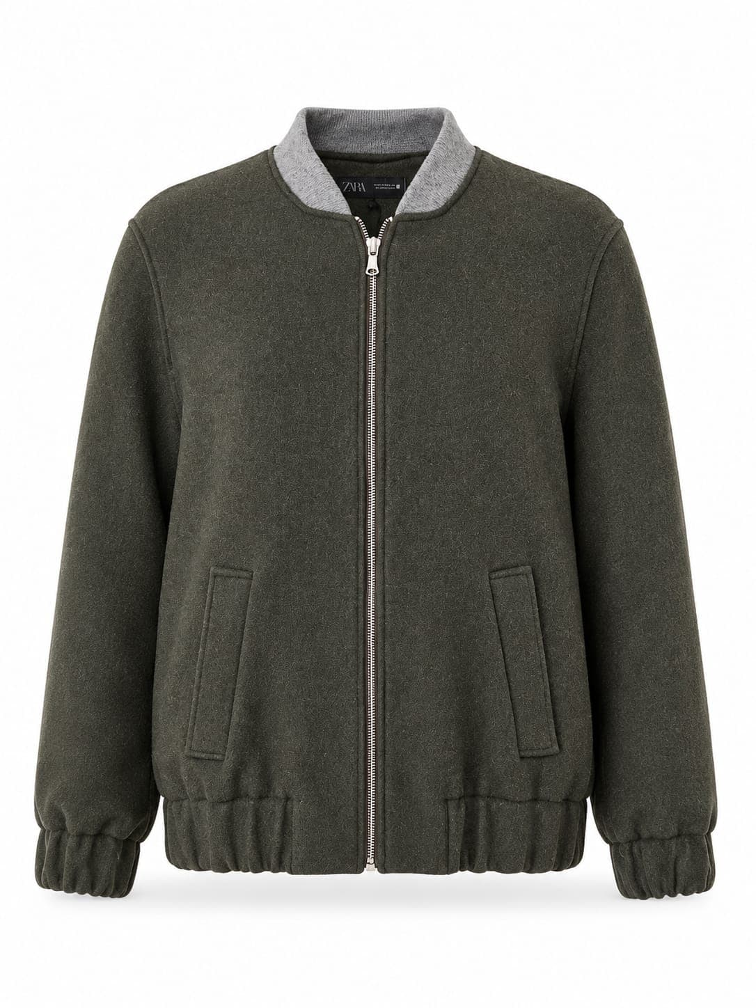 Jaqueta Zara Bomber Lã Verde Musgo Gola Canelada