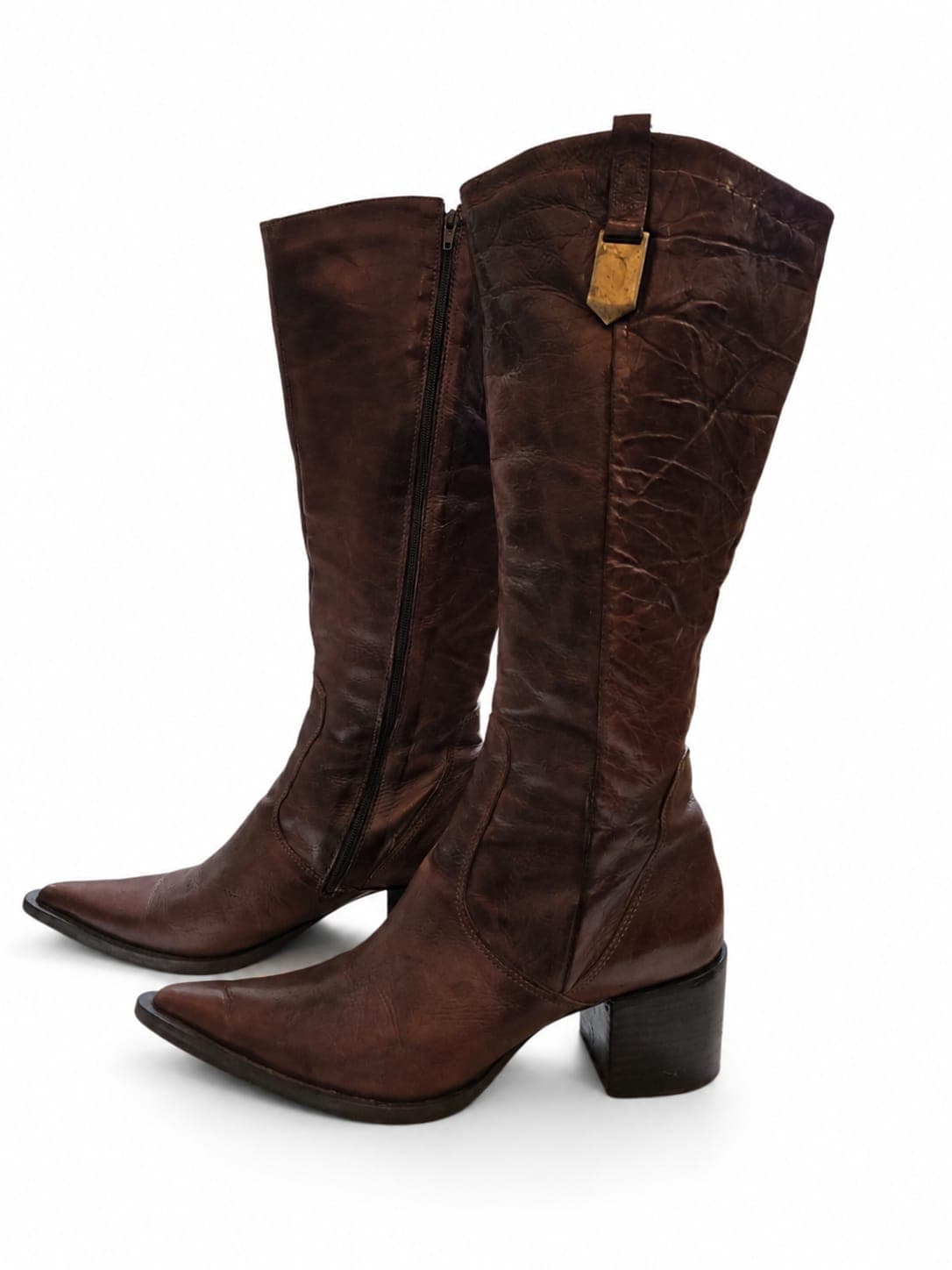 Bota Cano Alto Couro Marrom Escuro Western - Tam.38| Bico Fino e Salto Bloco