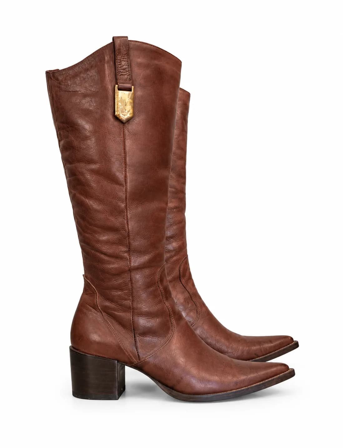 Bota Cano Alto Couro Marrom Escuro Western - Tam.38| Bico Fino e Salto Bloco