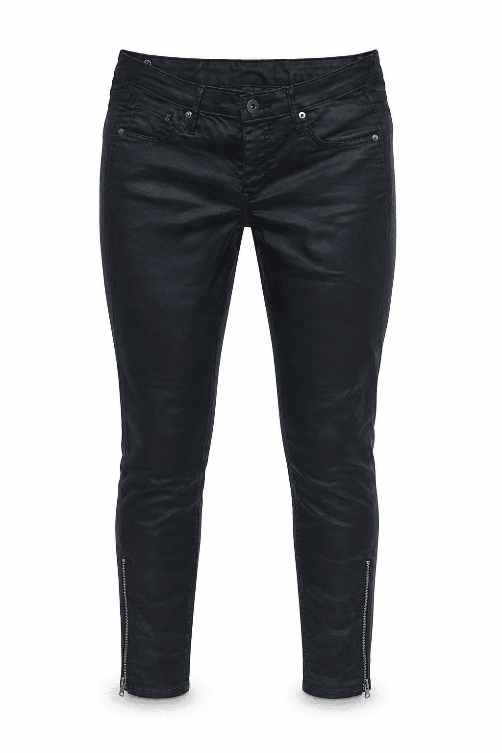 Calça skinny preta encerada com zíperes
