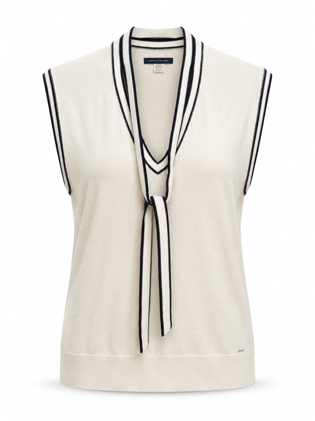Colete Tommy Hilfiger Tricot Off-White Gola Laço Listras Marinho