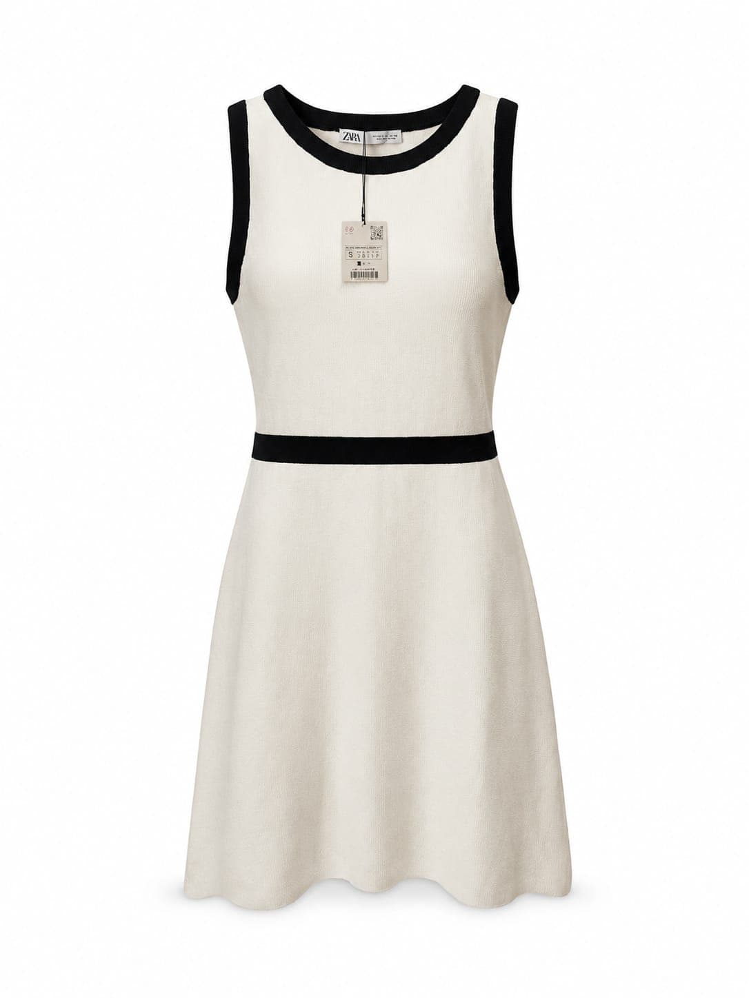 Vestido Zara Tricot Branco com Detalhes Pretos - Tam. P | Regata Evasê